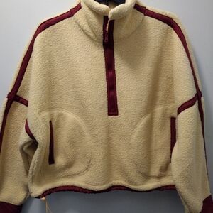 Womens Cream Sherpa Half-Zip Pullover with Burgundy Trim